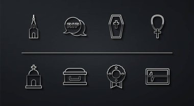 Kilise hattını, Anıt Çelenk Tabutu 'nun üzerine Eski Mezar Hristiyan Haçı' nı konuşma baloncuğu ile inşa et Ölümü Yen ölü monitör ve ikonu. Vektör.