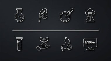 Çizgi Test tüpü ve küçük kimyasal patlayıcı karın yanması tesisini elinize tutuşturun ya da DNA sembolü ve pipet ikonlu Petri kabı bırakın. Vektör.