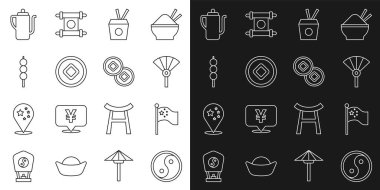 Çin bayrak direğine Yin Yang Çin bayrağı dikelim ya da Japon porselen erişte kutusu ve yemek çubukları Yuan para birimi köfteleri ahşap çay seremonisi ve ikon. Vektör.