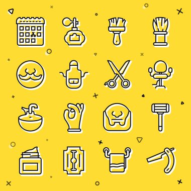 Tıraş makinesi, önlük fırçası, bıyık takvimiyle saç kesimi günü ve makas kuaför ikonu. Vektör.