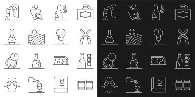 Şarap şişesi, bahçe makası şarap, üzüm bağları, Dekanter şarap ve zaman ikonu için ahşap fıçıyı hazırlayın. Vektör.