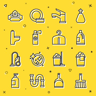 Temizlik için köpük şişeli süpürge kovası. Musluk suyu spreyi şişesi, klozet kağıdı ıslak mendil ve elbise askısı ikonu. Vektör.