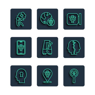 Psikoloji Bölümü 'nün Kırık Kalp Sorunu' na çizgi çiz ya da Metronom 'u çevrimiçi Sarkaç Psikologu Yardım Eli ve Bipolar Bozukluk ikonu ile boşan. Vektör.