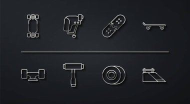 Hat Uzunkaykayı ya da kaykay tekerleği T araç parkı ve kırık güverte simgesini ayarla. Vektör.