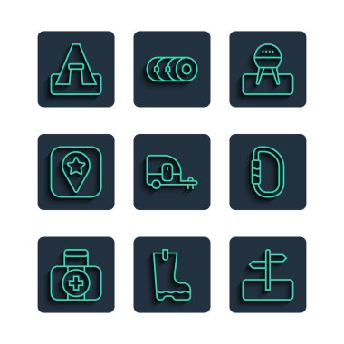 İlk yardım seti su geçirmez lastik bot trafik levhası Barbekü Karavan Kamp yeri Turist çadırı ve Karabinalı ikonu için ayarlayın. Vektör.