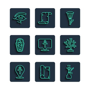 Ankh Papyrus parşömeni Nargile Nilüfer mumyasını Horus 'un ve Mercan ikonunun lahit Gözü' ne yerleştir. Vektör.