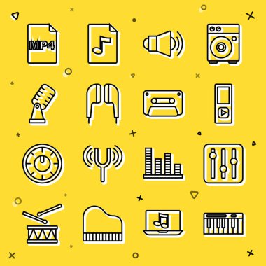 Satır Müzik Sentezleyicisi Ses Karıştırıcı denetleyicisi Megaphone Air kulaklıkları Mikrofon MP4 dosya belgesi ve Retro ses kaset ikonu ayarla. Vektör.