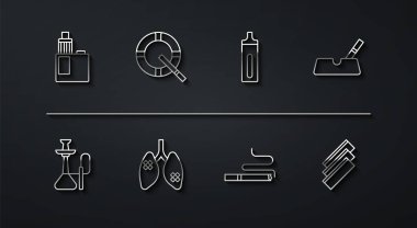 Vape mod cihazı, sigara, sigara, sigara, sigara, akciğer ve elektronik ikon içeren küllük ayarlayın. Vektör.