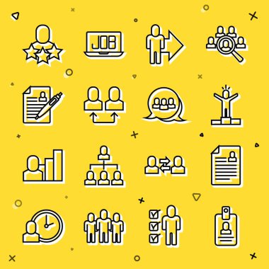 Satır Tanımlama Rozeti Özeti Yöneticiler Takas Ekibi İnsan Lideri ve Proje Üssü ikonu. Vektör.