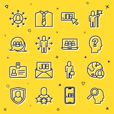 Arama işi Globe için çizgi büyüteci ve İşçi Araması Çok Görevli Yönetici Proje ekibi tabanı ve simgesi oluşturun. Vektör.