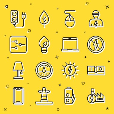 Nükleer enerji santrali elektrik şalterini ayarlayın. Bilgisayar faresi ampulü yok. Elektronik devre eklentisi ve dizüstü bilgisayar simgesi var. Vektör.