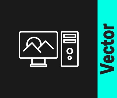 Siyah arkaplanda beyaz çizgi fotoğraf rötuşlama simgesi izole. Fotoğrafçı, fotoğrafçılık, rötuş ikonu. Vektör.