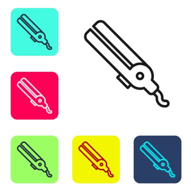 Saç ikonu için siyah çizgi saç maşası beyaz arkaplanda izole edilmiş. Saç düzleştirici ikonu. Renkli kare düğmelerle simgeleri ayarla. Vektör.