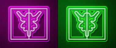 Parlayan neon hattı Rorschach test simgesi mor ve yeşil arkaplanda izole edildi. Psikopat teşhis mürekkep lekesi testi Rorschach. Vektör.
