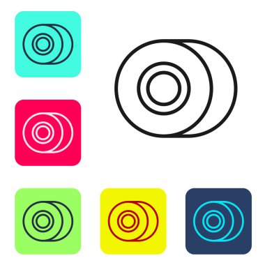 Siyah çizgi kaykay tekeri simgesi beyaz arkaplanda izole edildi. Kaykay tekerleği. Renkli kare düğmelerle simgeleri ayarla. Vektör.