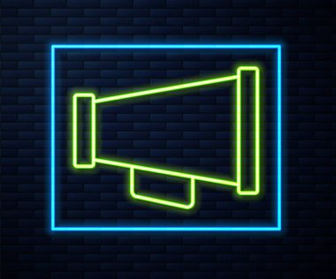 Parlayan neon hattı megafon ikonu tuğla duvar arka planında izole edildi. Sözcü işareti. Vektör.