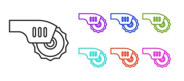 Beyaz zemin üzerinde çelik dişli disk simgesi olan siyah çizgili elektrikli elektrikli testere. Tahta ya da metal kesmek için elektrikli el aleti. Simgeleri renklendirin. Vektör.