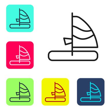 Siyah çizgi Windsurfing simgesi beyaz arkaplanda izole edildi. Renkli kare düğmelerle simgeleri ayarla. Vektör.