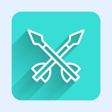 Beyaz çizgi Ortaçağ ok simgesi uzun gölge arkaplan izole. Ortaçağ silahı. Yeşil kare düğmesi. Vektör.