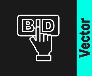 Beyaz çizgi teklif simgesi siyah arkaplanda izole edildi. Açık arttırma teklifi. Satış ve alıcılar. Vektör.