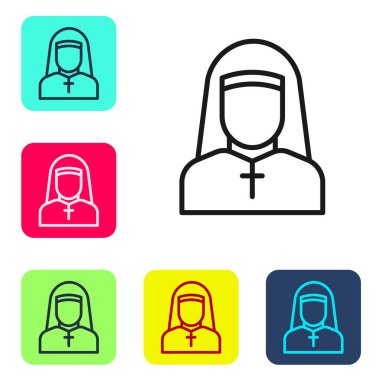 Siyah çizgi rahibe simgesi beyaz arkaplanda izole edildi. Merhametli kardeşim. Renkli kare düğmelerle simgeleri ayarla. Vektör.