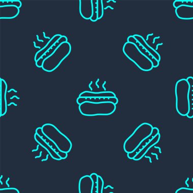 Yeşil Hat Hotdog sandviçi, hardal simgesiyle mavi arka planda izole edilmiş kusursuz desen. Sosis ikonu. Fast food burcu. Vektör.