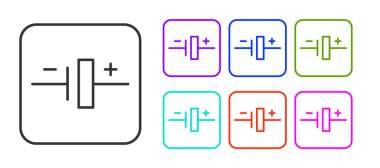 Beyaz arka planda siyah çizgi DC voltaj kaynağı simgesi izole edildi. Simgeleri renklendirin. Vektör.