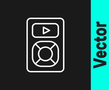 Beyaz çizgi müzik çalar simgesi siyah arkaplanda izole edildi. Taşınabilir müzik cihazı. Vektör.