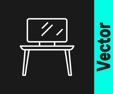 Beyaz çizgi televizyon masası simgesi siyah arkaplanda izole edildi. Vektör.