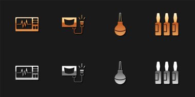 Monitörü kardiyograma, ultrasona, Enema ve Tıbbi şişeye, ampul simgesine ayarlayın. Vektör.