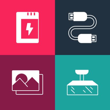 Pop Art Softbox ışığı, fotoğraf çerçevesi, USB kablo kablosu ve bataryayı kamera simgesi için ayarla. Vektör.