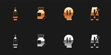 İlaca bağımlılığı, sakinleştirici hapları, çözüm sorununu ve sarkaç ikonlu Metronom 'u ayarla. Vektör.