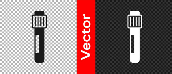 Черная пробирка и значок лабораторных анализов фляжки изолированы на прозрачном фоне. Знак лабораторной посуды. Вектор.