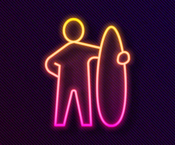 Parlayan neon çizgisi sörf tahtası simgesi siyah arkaplanda izole edildi. Sörf tahtası. Olağanüstü bir spor. Spor malzemeleri. Vektör.