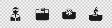 Dalgıç kıyafetini merdiven su topu ve kayak adam ikonu ile dalış havuzu için ayarla. Vektör.