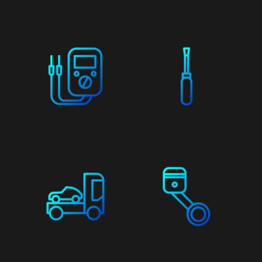 Hat pistonu, araç nakil aracı, çoklu metre ve tornavida ayarlayın. Renk simgeleri. Vektör.