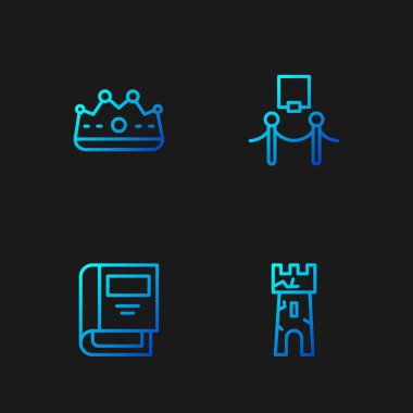 Kale kulesi, tarih kitabı, kral tacı, resim ve ip bariyeri. Renk simgeleri. Vektör.