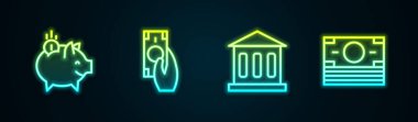 Piggy Bank 'ı parayla, hızlı ödemelerle, banka binasıyla ve kağıt paralarla donatın. Parlayan neon ikonu. Vektör.