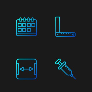 Şırınga hattı, alan ölçümü, takvim ve köşe cetveli ayarla. Renk simgeleri. Vektör.