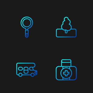 İlk yardım seti karavan araç büyüteç ve ağaç ayarlayın. Renk simgeleri. Vektör.