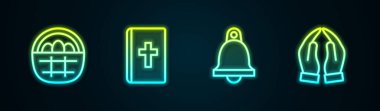 Paskalya yumurtalarıyla dolu bir sepet. Kutsal İncil kitabı. Kilise çanı ve elleri dua pozisyonunda. Parlayan neon ikonu. Vektör.