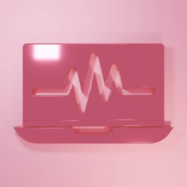 Pembe arka planda kardiyogram ikonu olan pembe dizüstü bilgisayar. Simge denetleniyor. Kalp atışı elle çizilmiş EKG monitörü. Minimalizm kavramı. 3 Boyutlu resimleme.