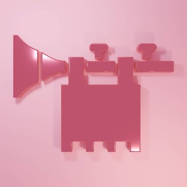 Pembe arka planda izole edilmiş bayrak simgesi olan pembe trompet. Müzik aleti trompeti. Minimalizm kavramı. 3 Boyutlu resimleme.