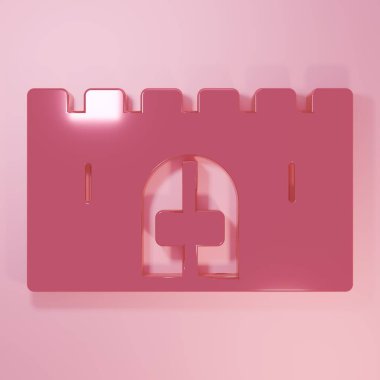 Pembe arka planda izole edilmiş taştan bir duvar ikonu içindeki Pembe Ortaçağ kale kapısı. Ortaçağ kalesi. Düşmanlardan koruma. Minimalizm kavramı. 3 Boyutlu resimleme.