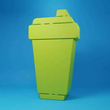 Green Fitness shaker icon isolated on blue background. Sports shaker bottle with lid for water and protein cocktails. Minimalism concept. 3D render illustration.
