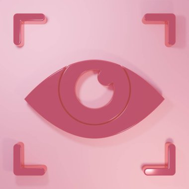 Pembe Göz tarama simgesi pembe arka planda izole edildi. Göz taraması yapılıyor. Güvenlik kontrol sembolü. Siber göz işareti. Minimalizm kavramı. 3 Boyutlu resimleme.