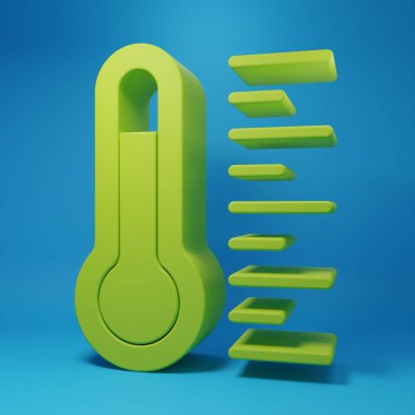 Green Meteorology thermometer measuring icon isolated on blue background. Thermometer equipment showing hot or cold weather. Minimalism concept. 3D render illustration.