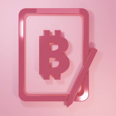 Pembe Madencilik bitcoin pembe arka planda izole edilmiş grafik tablet ikonundan. Kripto para birimi madenciliği, engelleme zinciri teknoloji servisi. Minimalizm kavramı. 3 Boyutlu resimleme.