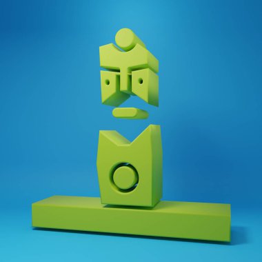 Mavi arka planda izole edilmiş yeşil Slav putperest ikonu. Antik ahşap heykel ayini. Minimalizm kavramı. 3 Boyutlu resimleme.