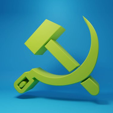Yeşil Çekiç ve orak SSCB ikonu mavi arka planda izole edildi. Sovyetler Birliği sembolü. Minimalizm kavramı. 3 Boyutlu resimleme.
